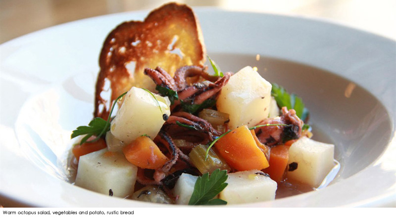 Warm octopus salad, vegetables and potato, rustic bread